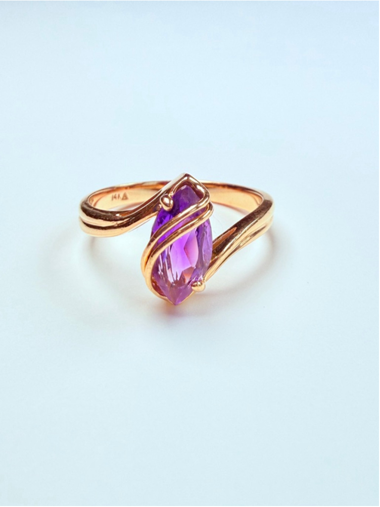 14k Solid Yellow Gold Amethyst Marquise Cut Wrap Solitaire Vtg Mid Century Ring
